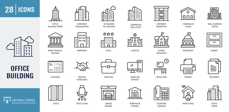 Office building icon set. Including skyscraper, office tower, corporate HQ, tech hub, business center, cowork space. vector illustration with editable stroke