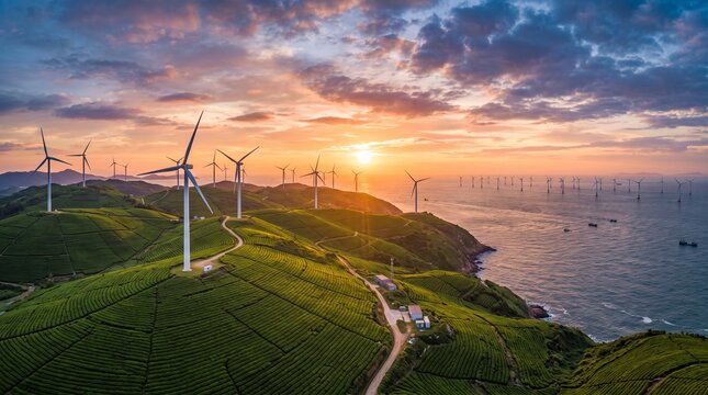 Aerial view of onshore and offshore wind turbines on green terraced hills by the ocean at sunset