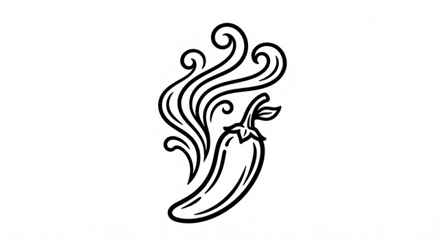 Minimalist chili pepper line art, spicy hot pepper icon with steam swirls, black and white vegetable illustration for restaurant branding
