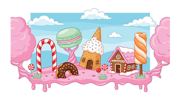 Whimsical candy land landscape with sweet desserts. Vector illustration, gingerbread house, ice cream cone cottage, giant macaron tree, lollipops.