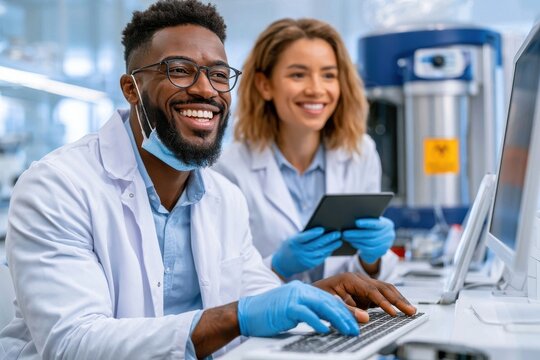 Two scientists collaborating and smiling while working on research in a bright modern laboratory