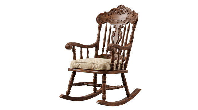 Vintage wooden rocking chair with ornate carvings, antique brown rocker with beige cushion, classic nursery furniture on white background