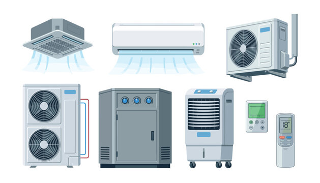 Air conditioning system units and climate control equipment vector set. Wall split, ceiling cassette, outdoor compressor, cooler, remote controllers.