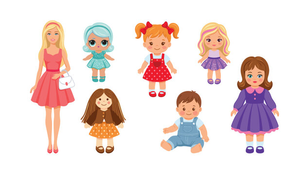 Cute toy dolls vector collection for kids. Colorful childhood characters, plastic figurines, fabric ragdolls, baby boy, girls, fashion outfits.