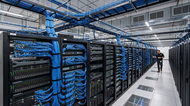 Modern Data Center with Organized Server Racks and Professional Blue Cable Management