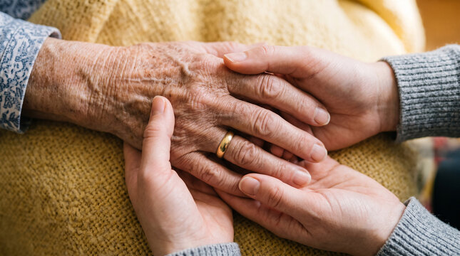 Elderly wrinkled hand with golden wedding ring being gently held by younger hands of caregiver showing support on yellow blanket background.