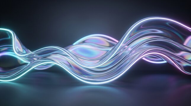 Abstract 3D render of flowing iridescent neon waves on a dark background