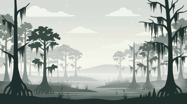 Misty swamp landscape with cypress trees and Spanish moss in a muted color palette.