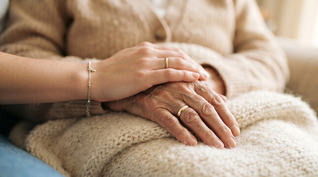 Caring hand of young woman gently resting on wrinkled hand of elderly person wearing gold wedding ring expresses comfort and compassion.