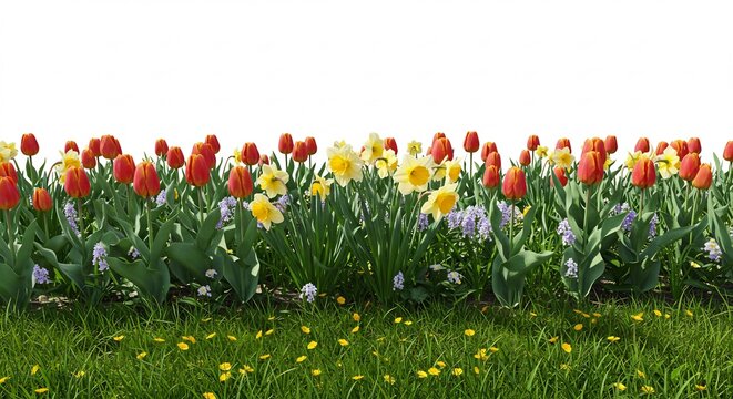 Vibrant Spring Garden Bed: A cheerful bed of red tulips, yellow daffodils, and delicate blue hyacinths bursts with color, nestled in lush green grass dotted with small yellow wildflowers.