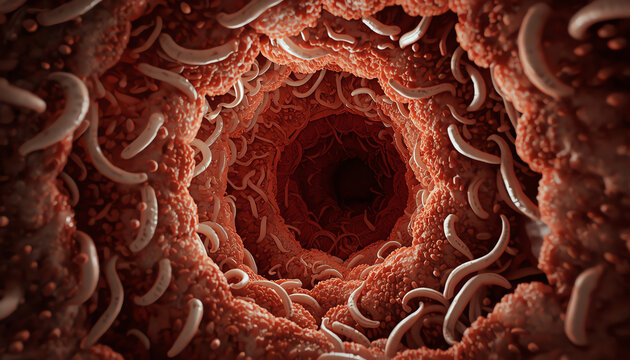 Roundworm parasites in the human intestine. Ascariasis. Diseases of the human digestive system. 3d rendering (2)