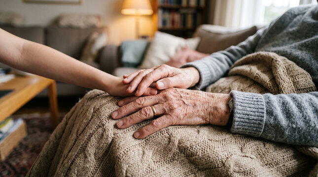 Caring hand holding elderly person fingers draped in soft knitted fabric portrays compassion support and connection during hospice nursing care.