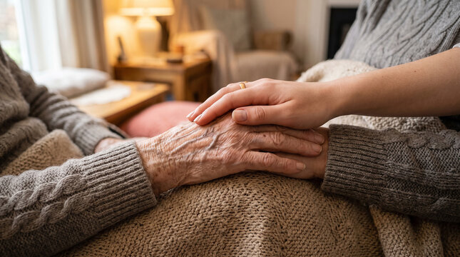 Young hand resting gently upon wrinkled hand of older individual providing tender care and comfort within peaceful domestic living space.