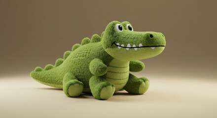 Fototapeta premium Adorable Green Crocodile Plush Toy: A charming, plush crocodile toy, crafted from soft green material, sits invitingly against a warm, neutral backdrop.