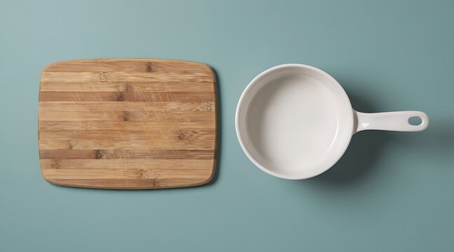 Wooden Cutting Board and White Pot on Teal Background.