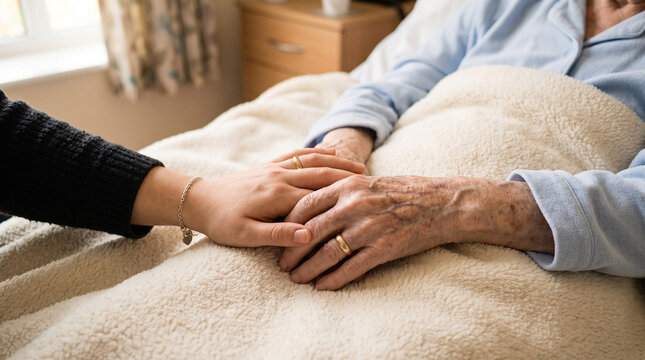 Close up of young caregiver holding older patient hand with golden ring lying in hospital bed representing palliative care and compassion.