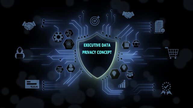 Executive data privacy concept featuring digital shield with connected network nodes, cybersecurity infrastructure, secure information protection, business intelligence, and advanced global
