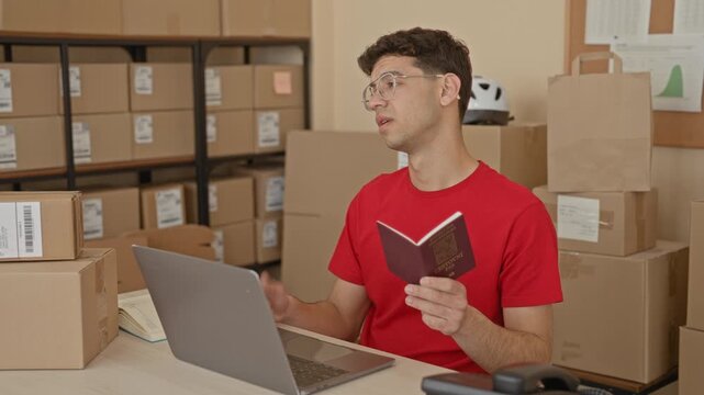 Man holding passport and reading laptop while packing parcels at a small business building; logistics planning concentration.