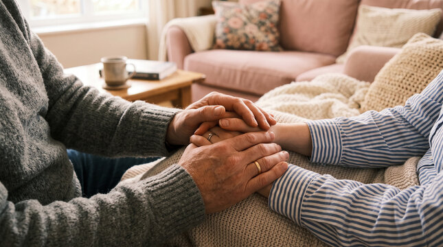 Elderly couple holding hands tenderly offering support and comfort during difficult times on couch.