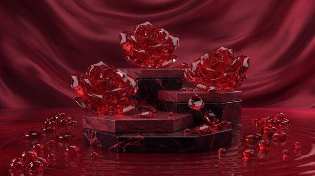 Luxury multi-tiered marble podium with red crystal roses and draping silk fabric background