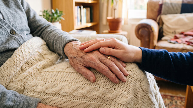 Close up of compassionate young hand resting on older wrinkled hands of senior woman sitting comfortably at home.