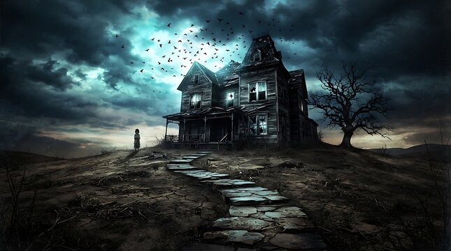 Mysterious abandoned haunted house at dusk with eerie silhouette figure approaching