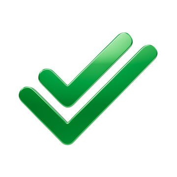 Shiny green double check mark symbol with a glossy finish, isolated on a black background, for business validation, and task completion