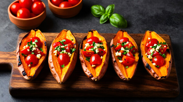 Baked Sweet Potatoes Topped with Tomatoes. Vegetarian Dinner on Wooden Board. Grilled Root Vegetable. Healthy Meal. Basil Garnish. Rustic Kitchen Background. Textured Dark Surface