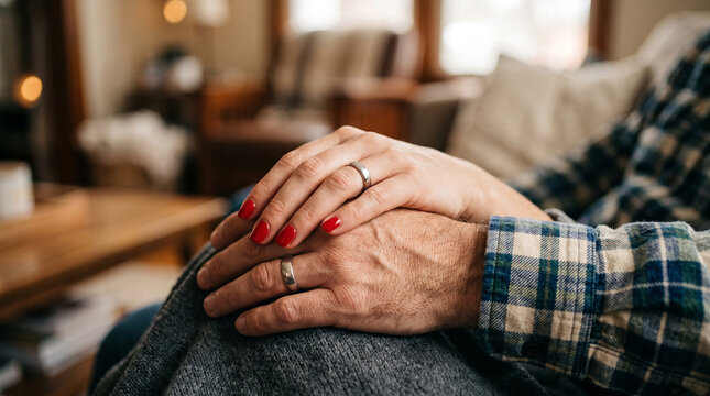 Elderly couple's hands resting on each other, symbolizing love, support, and companionship in a comfortable home setting.