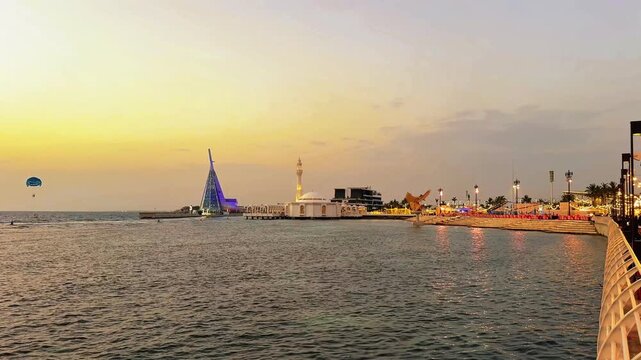 Jeddah Corniche panoramic view with Al Rahma Mosque and marina tower at sunset, Saudi Arabia