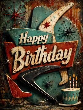 
Vintage Mid-Century Modern Happy Birthday Card on Rustic Wooden Background
