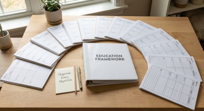 Education Framework Binder and Blank Lesson Planners on a Wooden Desk