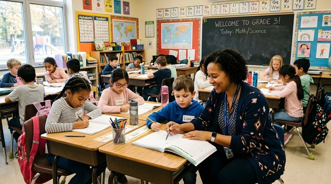 Engaged elementary school teacher helps a young, diverse group of students with their lessons in a bright and interactive classroom setting, fostering a positive and inclusive learning environment