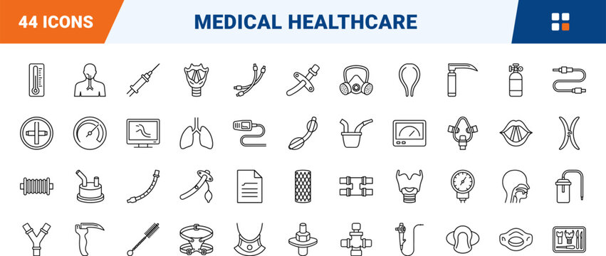 Airway Skills Training line icon set. Vector pictograms of medical, healthcare, emergency, and clinical elements, thin linear illustration.