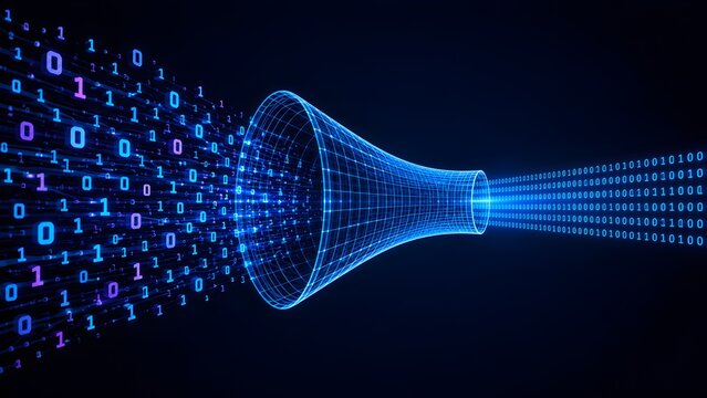 Binary numbers flowing into a blue wireframe funnel transforming to a flat code line. Concept of big data compression and machine learning filtering.