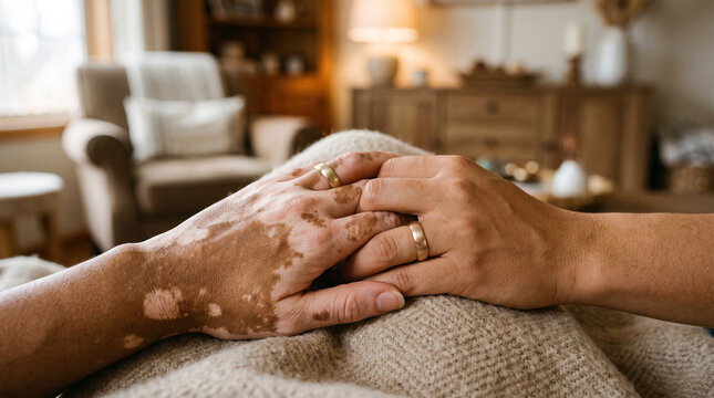 Vitiligo hands with gold wedding bands holding each other on a textured blanket demonstrating love acceptance and lifelong commitment.