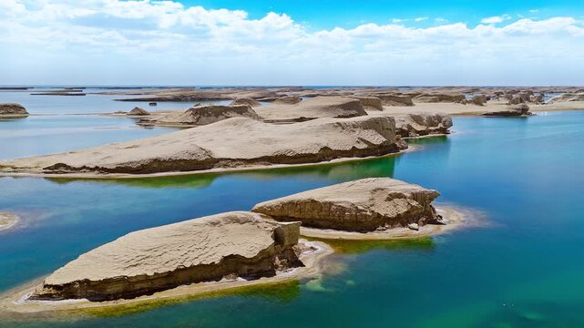 Aerial drone shot of water yardang landforms surrounded by turquoise water in the Qaidam Basin, Qinghai, China