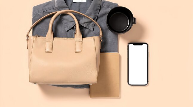 Flat lay of a womans professional outfit with accessories and a smartphone.