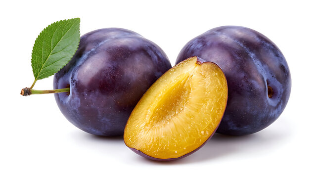 Two whole plums and one sliced plum with leaf fruit