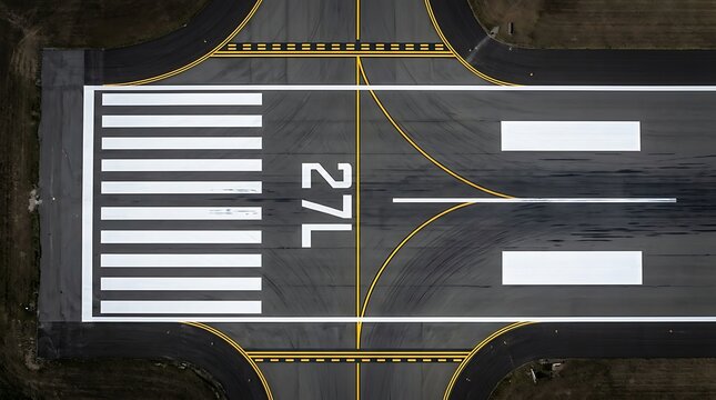 Aerial view of an airport runway threshold with white markings and the number 27 l painted clearly