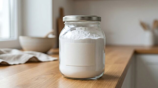 Glass jar filled with white flour sitting on a wooden kitchen counter in a bright home kitchen. baking soda packaging