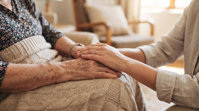 Close up view of young person holding hands of senior woman resting with textured beige knit blanket to offer warmth love and comfort.