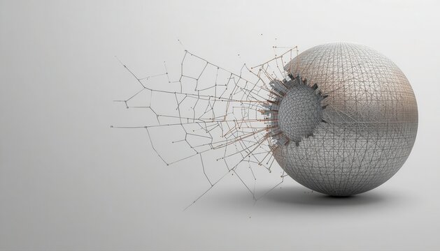 Metallic sphere disintegrating into floating debris particles on a white surface with disintegrating ball particle explosion silver globe shattered metal dissolving sphere breaking ball abstract