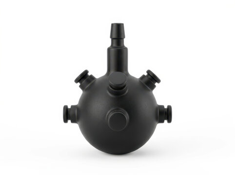 Black spherical valve with four threaded connectors mounted on a white surface.