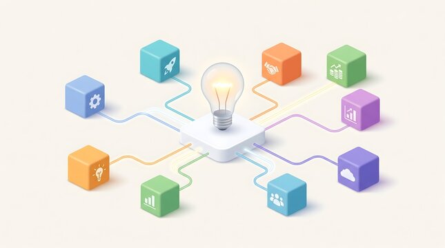 Glowing lightbulb connecting to colorful 3D cubes with business icons. Concept of startup ecosystem, entrepreneurial idea development, and integrated marketing strategy.