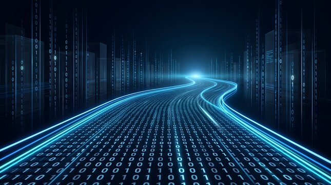Glowing blue binary data highway moving towards a bright horizon. Concept of high speed internet connection, telecommunication infrastructure, and information technology network.