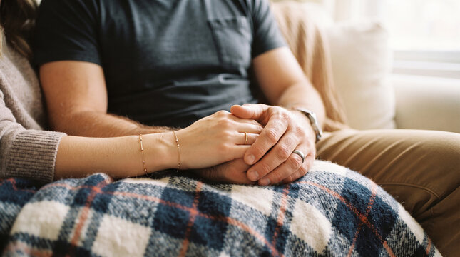 Husband and wife holding hands on plaid blanket on sofa to express love intimacy and partnership during relaxing afternoon at home.