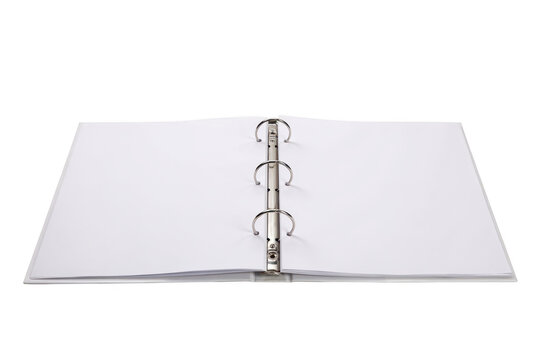 An open white ring binder folder with empty paper sheets and a metal three ring mechanism isolated on a solid white background surface