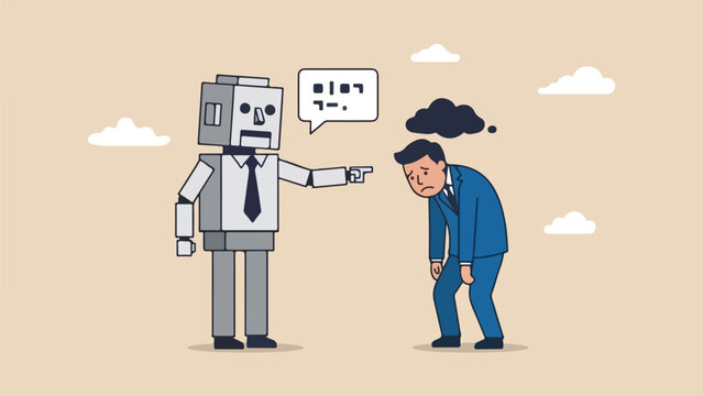 Lack of emotional intelligence, insensitive leadership, poor empathy concept, manager with a rigid robotic square head talking to a sad employee, clean minimal flat vector illustration1