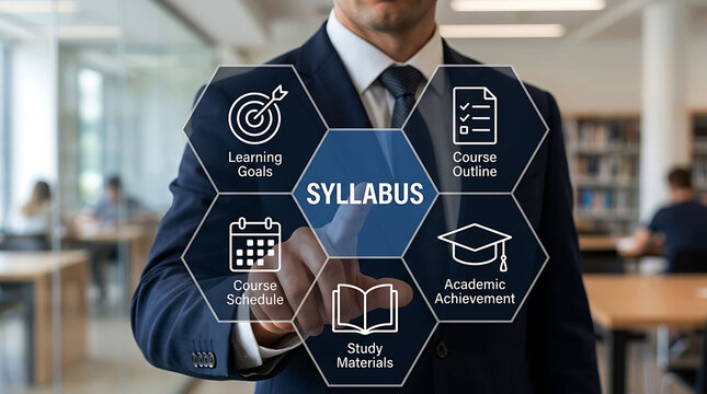 Businessman pointing at digital course syllabus infographic planning learning goals